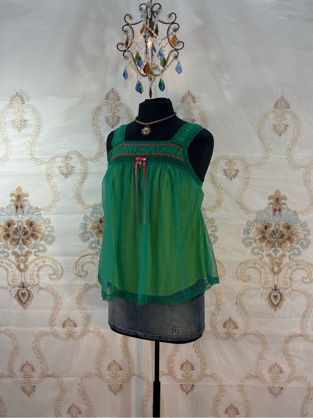 ✨Vintage Y2K Victoria’s Secret Lime & Green Rosette Trim Baby Doll Tank✨